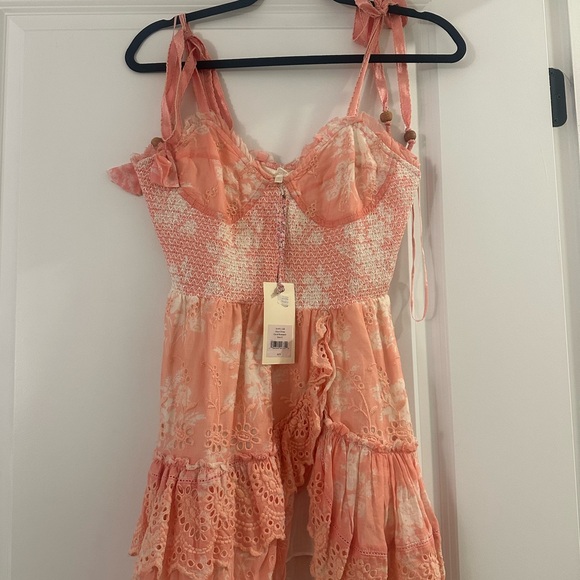 LoveShackFancy Olani Smocked Ruffles Eyelets Cute Tie Shoulder Mini Dress - Picture 2 of 3